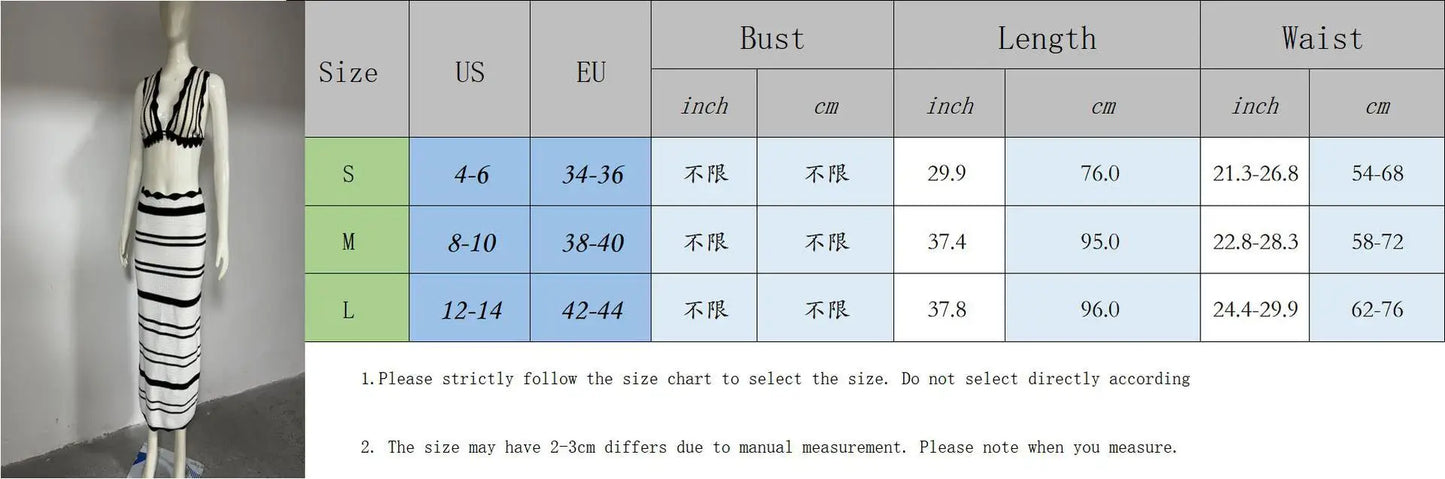 vmtvr Summer Knitted Beach Skirt Sets Women Sexy Backless Slim Bohemian Outfits Fashion Striped Holiday Two Piece Set 2024 Beachwear