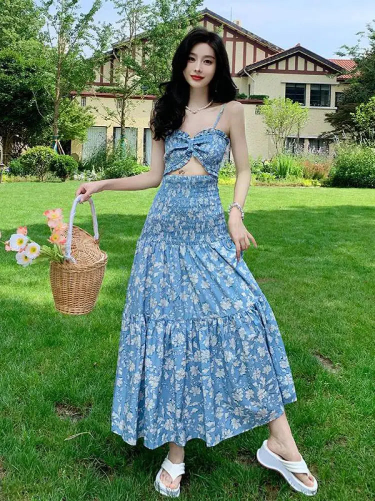 vmtvr Women Elegant Blue Floral Print Sleeveless Backless Long Slip Dress Sexy Summer Sweet Birthday Party Club Pleated Dress Y2k