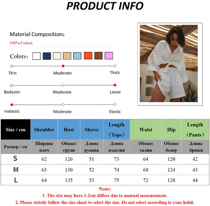 vmtvr Casual Shorts Sets 100% Cotton 2 Pieces Cozy Lapel Lantern Sleeve Shirt Summer Outfit Elastic Waist Shorts Suits