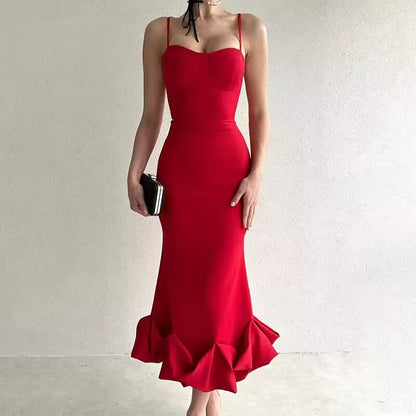 Sexy Sleeveless Backless Midi Dress Women 2024 Summer Fashion Bodycon Elegant Ruffles Eged Birthday Party Club Pencil Dess