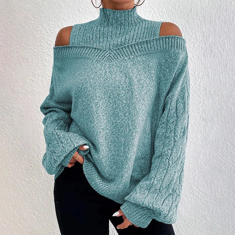 vmtvr Women Long Sleeve Mock Neck Sweaters Autumn WInter Off Shoulder Knitted Pullovers Ladies Casual Loose Sweaters Jersey Mujer