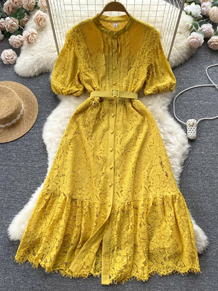 vmtvr  -  Summer Women Lace Party Long Dress Vintage O-Neck Puff Short Sleeve High Waist Single Breasted A-Line Elegant Vestidos Female