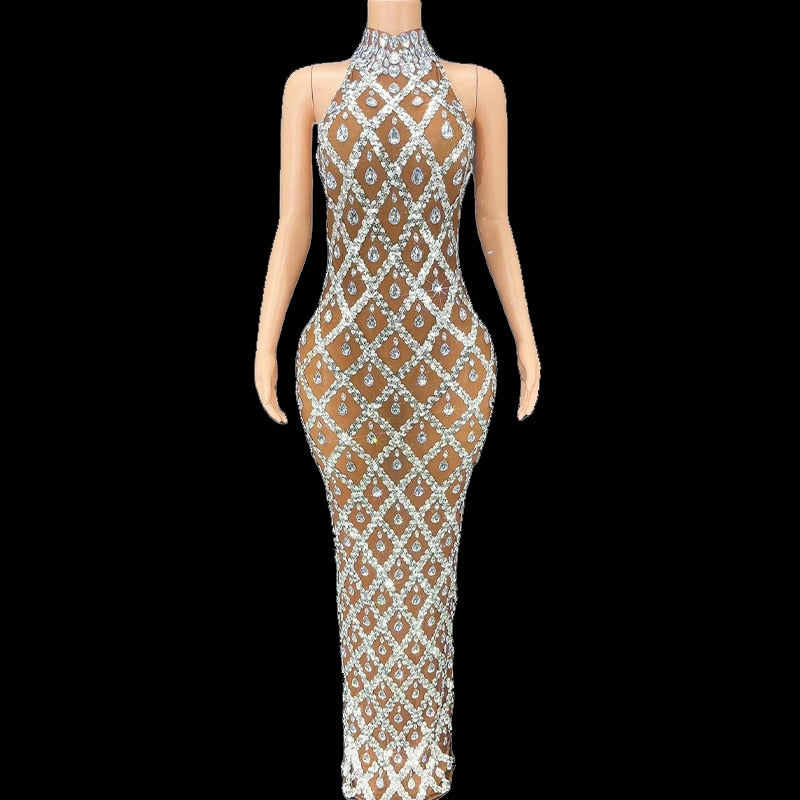 Women Sexy Stage Shining Rhinestone Sequins Dress Evening Prom Birthday Dress Transparent Performance Singer Club Host Dress