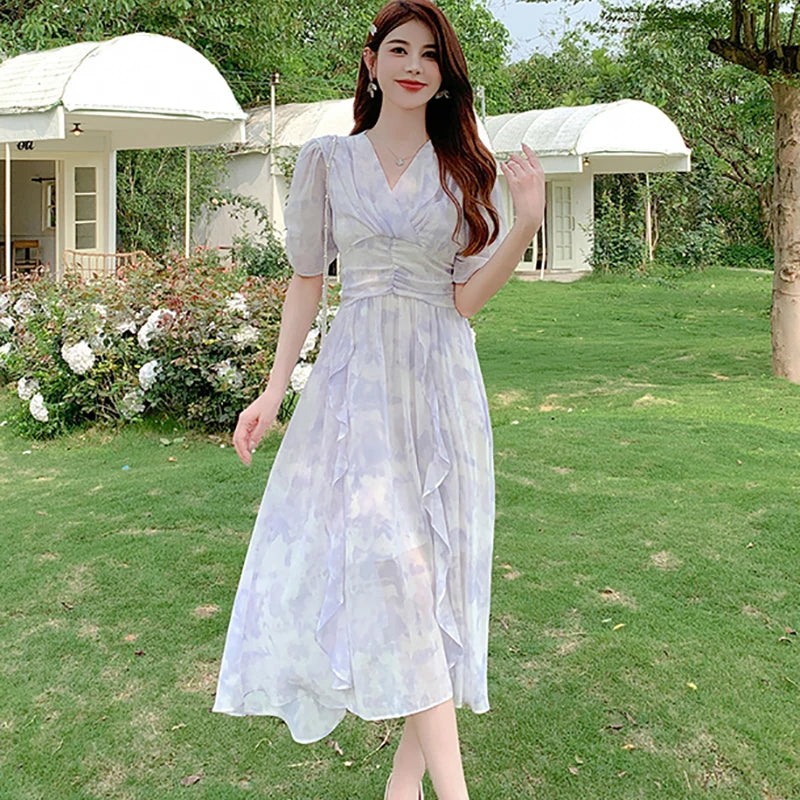 vmtvr 2024 Green Print Chiffon Casual Beach Long Dress Summert Fashion Chic Ruffled Party Vestidos Women Elegant Bodycon Evening Dress