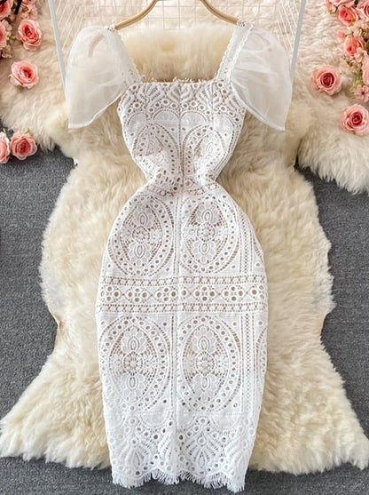 vmtvr White Lace Dresses for Women Summer 2023 New Puff Sleeve Square Collar Back Zipper Hollow Out A-Line Evening Midi Dress