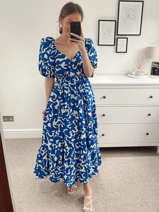 vmtvr - Summer Dresses 2024 Fashion Women Clothing Ruffle Hem Elegant Midi Dress Crossover V Neck Short Puff Sleeve Print Casual Dress