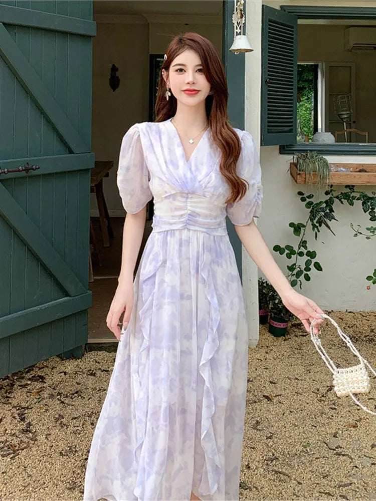 vmtvr Summer Vintage Women Elegant Print Dresses 2024 New Sweet Gentle Puff Sleeve Flounced Edge Long Sundress Holiday Beach Dress