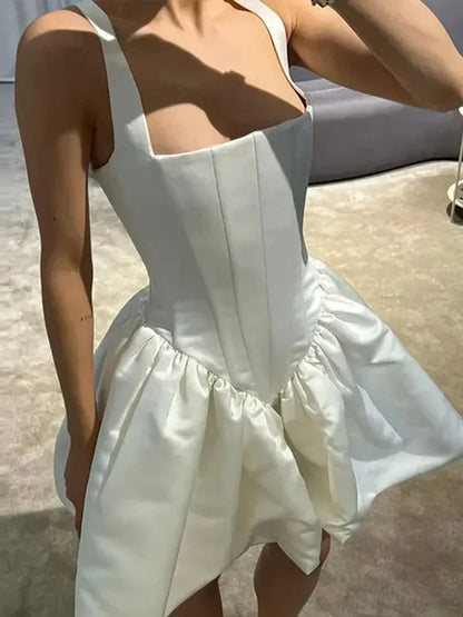 vmtvr  -  Satin Mini White Dress Women Spaghetti Strap Ruffles Backless Pleated A-line Dresses Summer Banquet Evening Party Looks