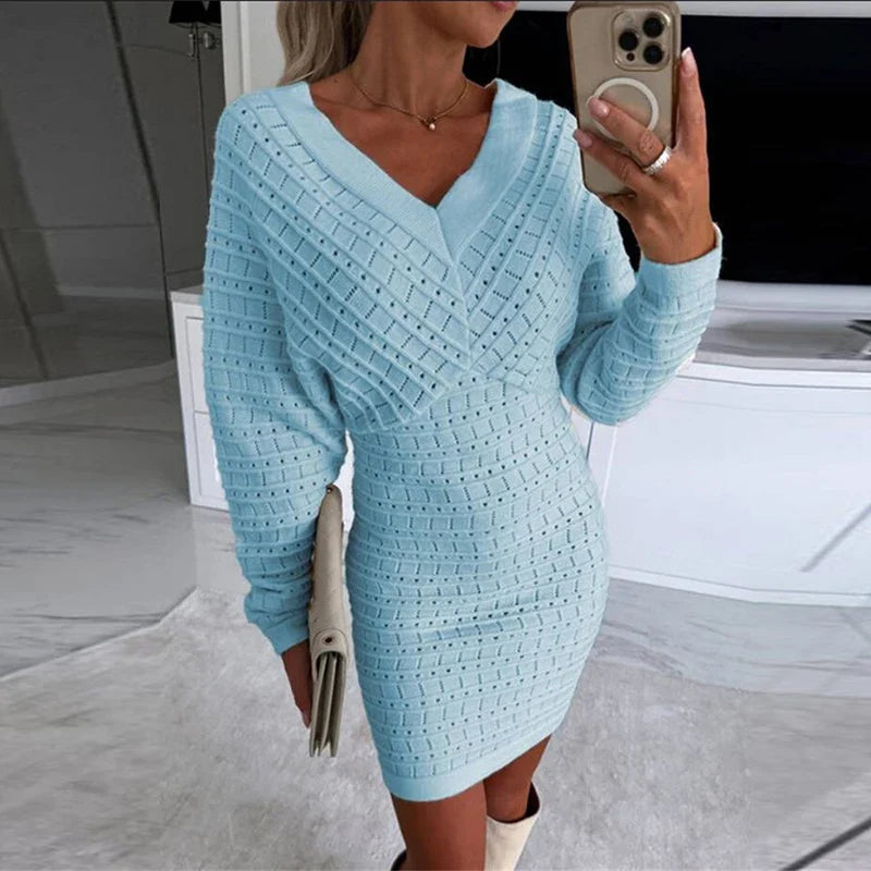 vmtvr Women Solid Hollow Knitted Pullover Dress Autumn Sexy Double V-neck Backless Office Dress Winter Batwing Sleeve Slim Party Dress