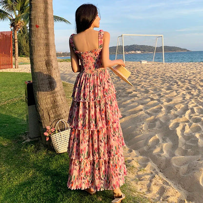 vmtvr Summer Women's Floral Vacation Beach Dress Midi Long Square Collar Lolita Dresses Bohemian Folds 2024 New Elegant Chic Chiffon