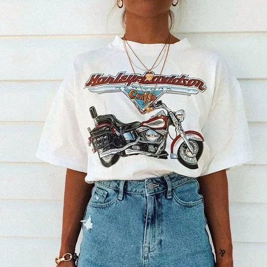 -Retro sports style outfit streetwear 90s fashion Vintage New York Motorcycle Printing Vintage Style Women T Shirts White Short Sleeve Loose Cotton Tees Summer Street Y2K Shirts