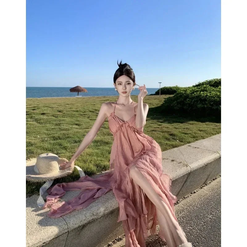 vmtvr Holiday Style Halter Backless Party Dress for Women Lolita Vacation Summer Fairy Sundress Pink Graceful Socialite Long Dress New