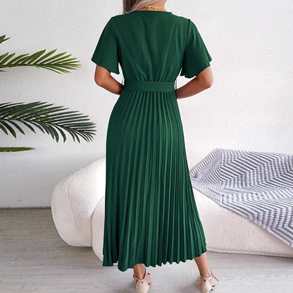 vmtvr Fashion Ladies V-neck Short Sleeved Commuting Dress Spring Summer Loose Lace Up Pleats Dress Casual Party Long Dresses Vestidos