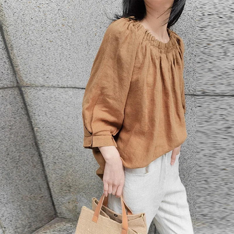 vmtvr Vintage Retro Women Cotton Linen Puff Sleeve O-neck Boho Oversize Loose Blouse Summer Casual Blusas Female Shirts Tops