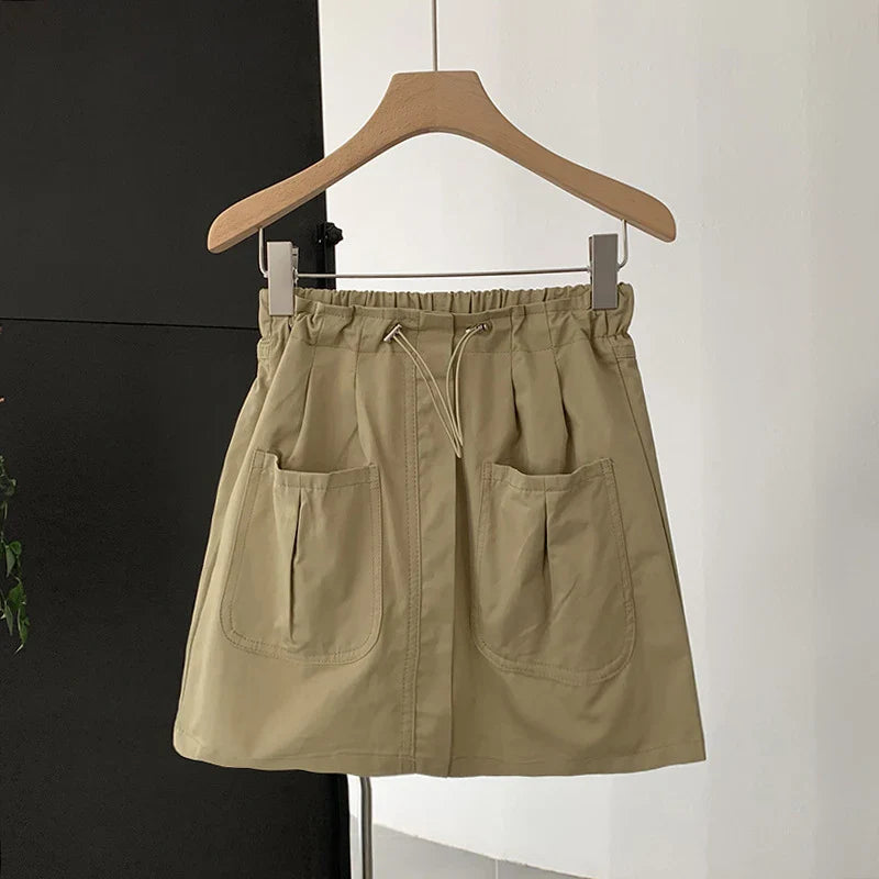 vmtvr High Waist Women Cargo Skirts Korean Fashion Drawstring Streetwear Mini Skirts Summer Casual Female Pocket A Line Skirts