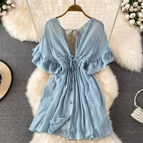 Spring Summer Boho Mini Dress for Women Deep V-Neck Ruffles Draw String Female Short Robe Sexy Draped Beach Vacation New In Chic