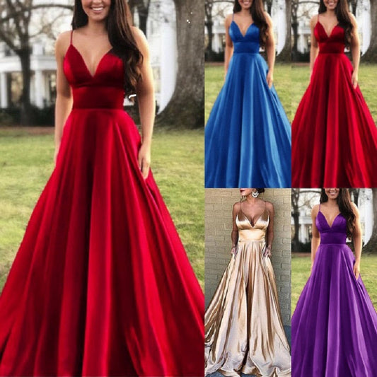 vmtvr - Dresses for Women Elegant Sexy Wedding Party Prom V-neck Sleeveless Sling Backless Satin Maxi Red Plus Size Clothes