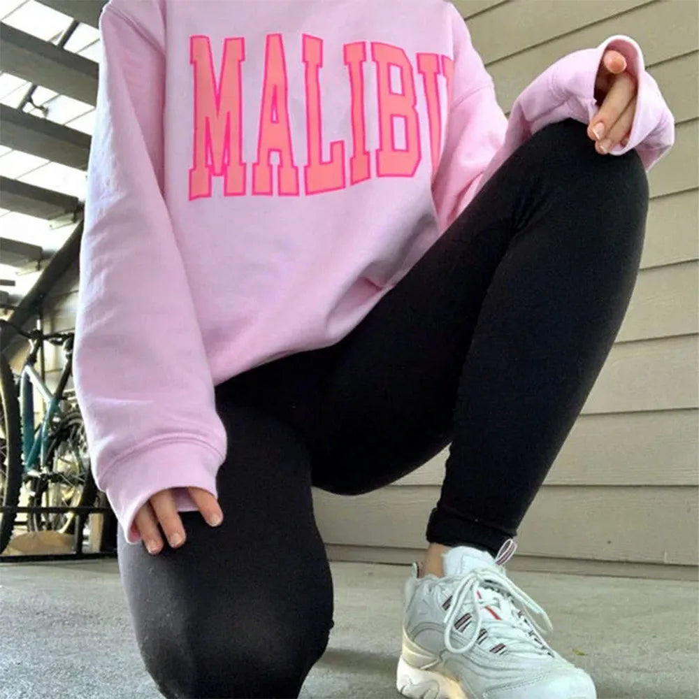 -Retro sports style outfit streetwear 90s fashion Malibu Pink Women Oversize Style Loose Cotton Pullovers Long Sleeve Crewneck Autumn Sweatshirts Ins Fashion Casual Jumpers