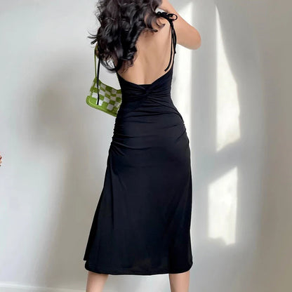 vmtvr Summer Black Dress Irregular Elegant Backless Party Long Dress Strappy Ruched Sexy Dresses Women Clothes Vintage Vestidos Largos