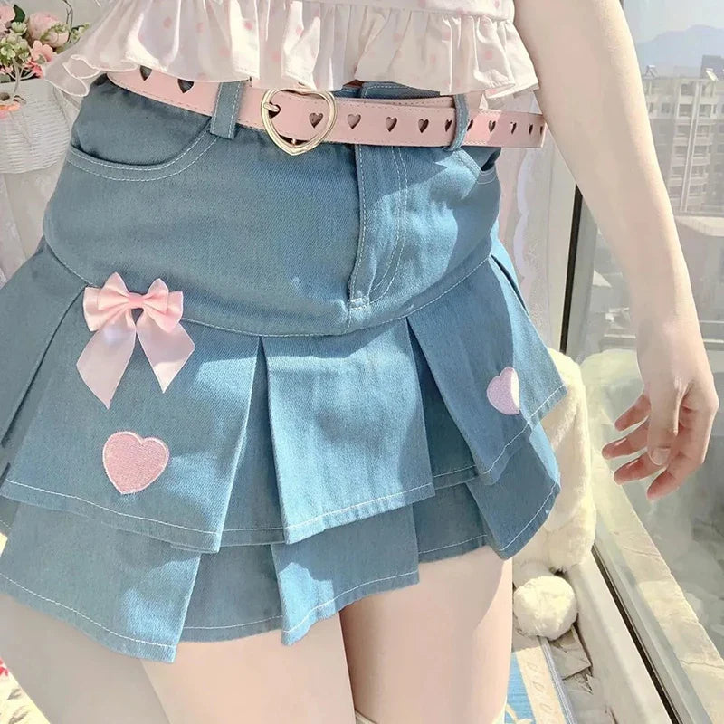 vmtvr Y2K Love Embroidery Jeans Skirts Women Fashion Streetwear Mini Skirts Summer All Match Female High Waist Pleated Skirts