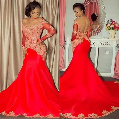 vmtvr  -  Sexy Red Prom Dresses Long Sleeves Mermaid Off the Shoulder Gold Lace Appliques Custom Evening Dresses Formal Party bridesmaid