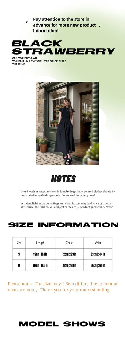 vmtvr  -  Long Dresses Womens Dresses New in Black Dress Summer Stitching Short Sleeve Round Neck Waist Slim Long Skirt High-End Women