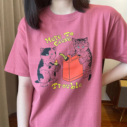 -Retro sports style outfit streetwear 90s fashion Here To Cause Trouble Funny Cats Printing Kpop T shirts Women Short Sleeve Loose Cotton Graphic Tees  Summer Casual Shirts