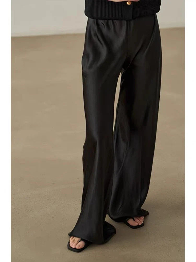 vmtvr Elegant Satin Wide Leg Pants Summer Women's Trousers Casual Baggy Korean Fashion 2024 Female Office Wear Black Pants