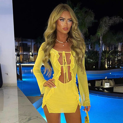 Summer Tight Mesh See Though Print Mini Dress Sexy Ruffle Bodycon Dress Fashion Bandage Long Sleeve Club Party Beach Outfits