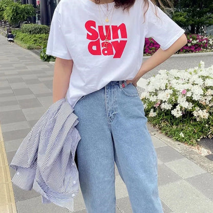 -Retro sports style outfit streetwear 90s fashion  Summer Sunday Big Letters Printing Female KPOP White Shirts Short Sleeve Cotton Loose Summer Tops Crewneck Casual Tees