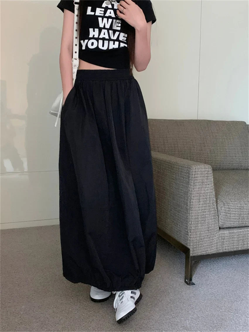 vmtvr New Design Solid Long Skirts Women Drawstring OL Pockets Stylish Summer High Street Vintage Loose Minimalist