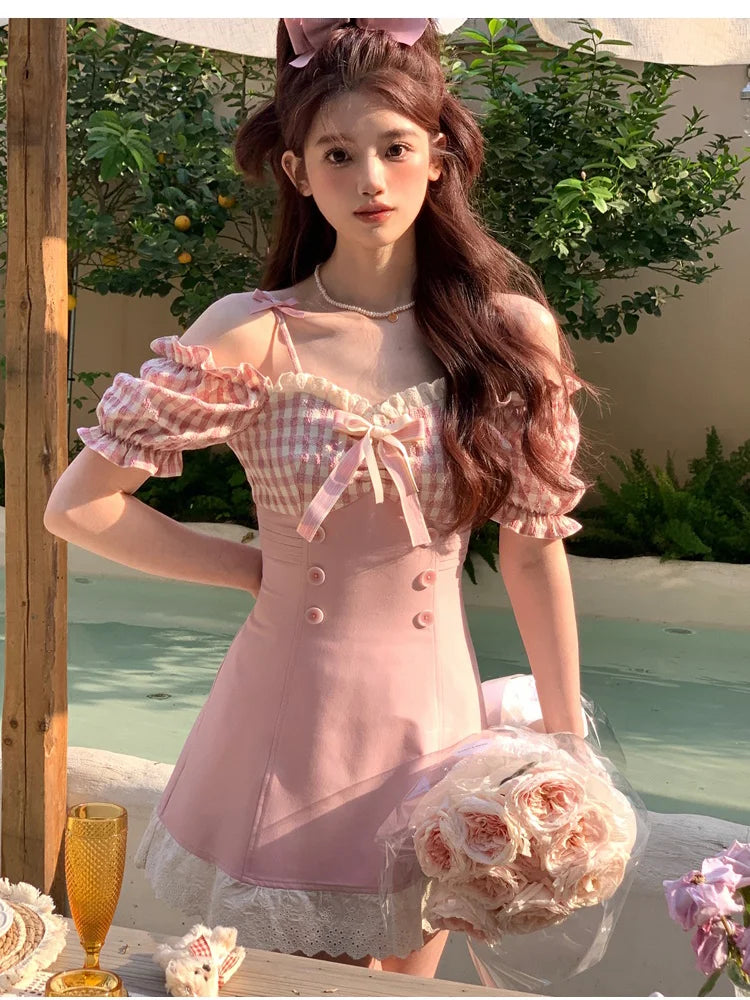 vmtvr  -  Sweet Pink Plaid Bow Princess Mini Dress Women Summer Sexy Slim Slash Neck Lace Ruffle Kawaii Y2k Lolita Female Clothing