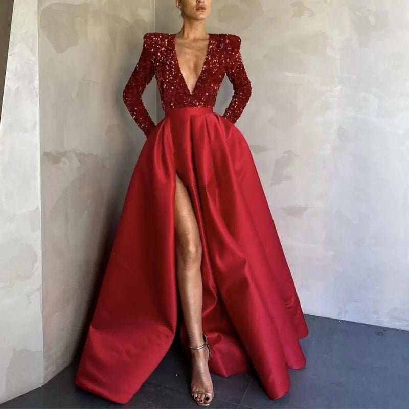 Sexy Deep V Sequins Long Sleeve Prom Dress New Fashion Patchwork High Split Pleated Party Dress 2023 Women Elegant Evening Dress