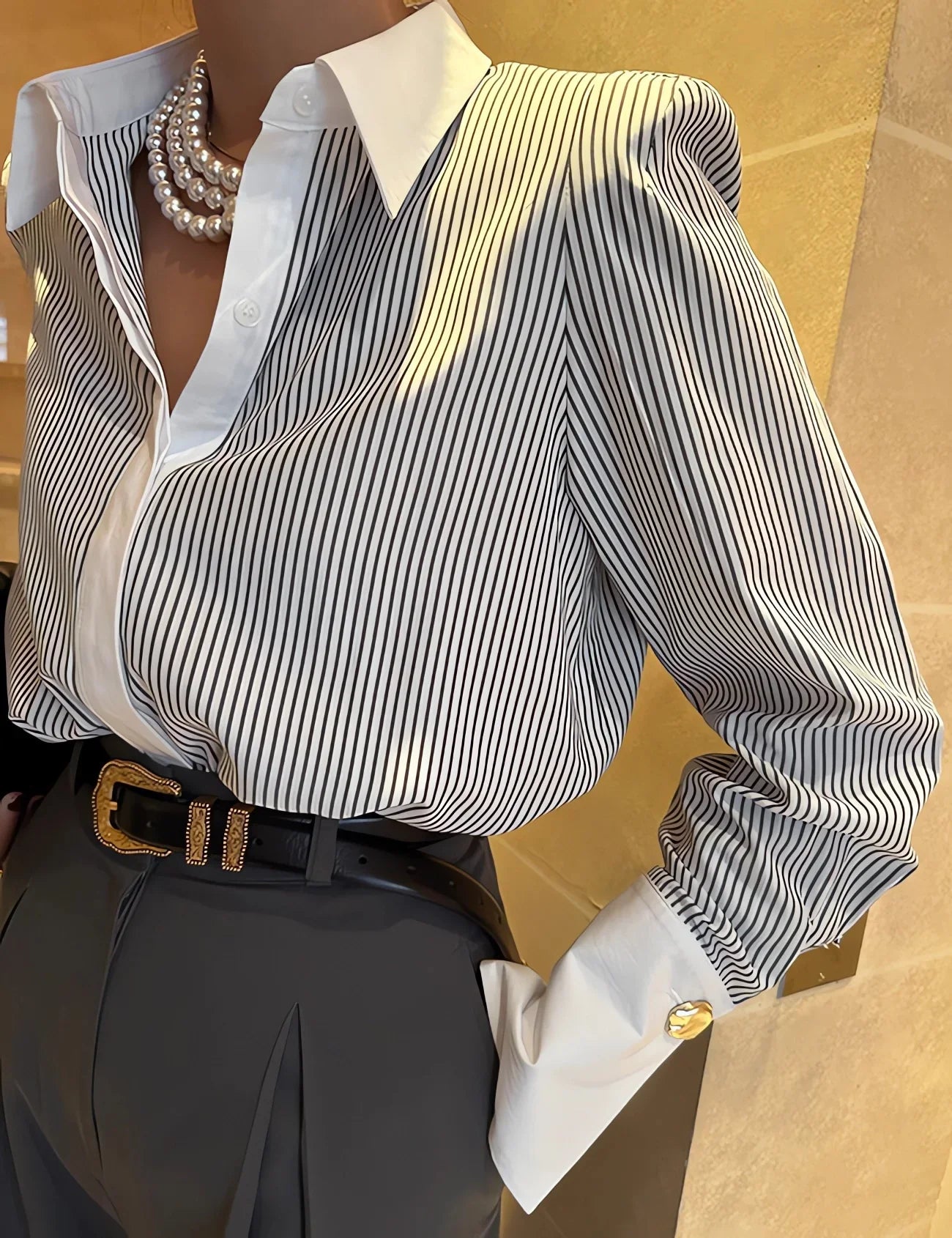 vmtvr Chic Casual Lapel Women Patchwork Striped Blouses Tops 2024 Spring Summer Long Sleeve Loose Single-breasted Female Shirts T906