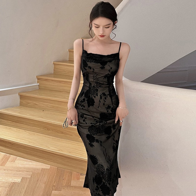 vmtvr - Lace Black Elegant Women Dress Vintage Strap Embroidery Floral Mermaid Midi Club Gown Robe Femme Ropa Sexy Mujer Verano Vestidos