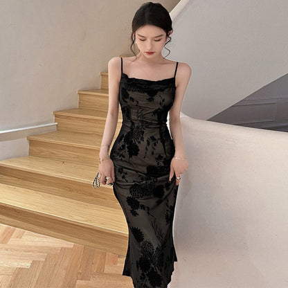 vmtvr - Lace Black Elegant Women Dress Vintage Strap Embroidery Floral Mermaid Midi Club Gown Robe Femme Ropa Sexy Mujer Verano Vestidos