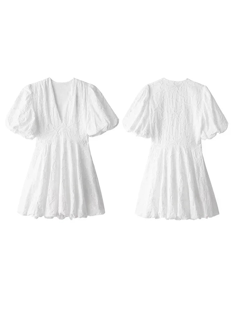 vmtvr  -  Embroidered Puff Short Sleeved White Dress Women Elegant V-neck Ruffles High Waist Dresses Summer A-line Streetwear  ﻿ ﻿