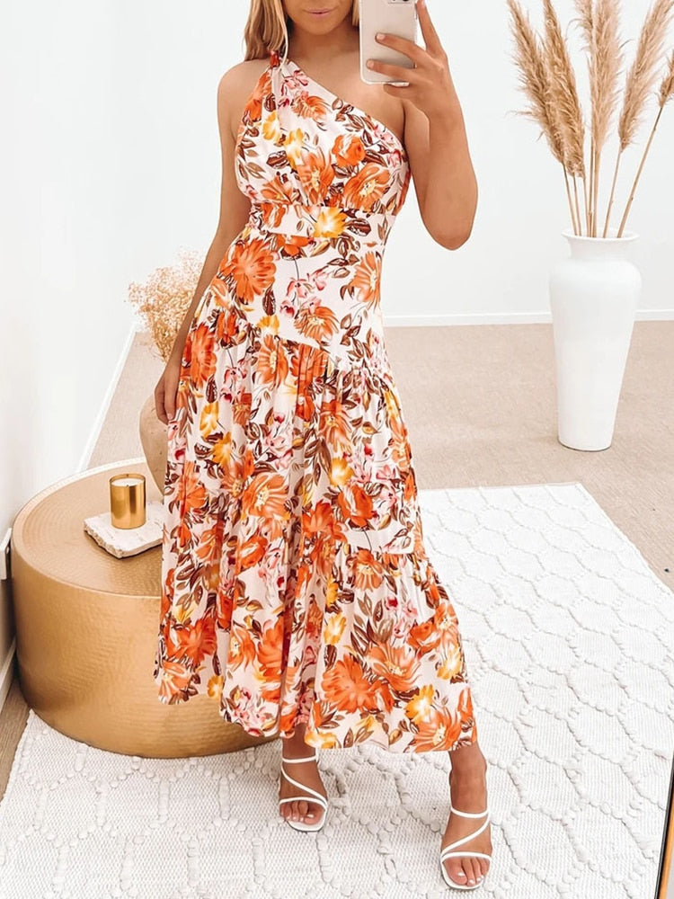 vmtvr - Elegant One Shoulder Summer Long Dress Women Sexy Print Boho Beach Style Maxi Dress Casual Sundress Clothing Women Party Dress