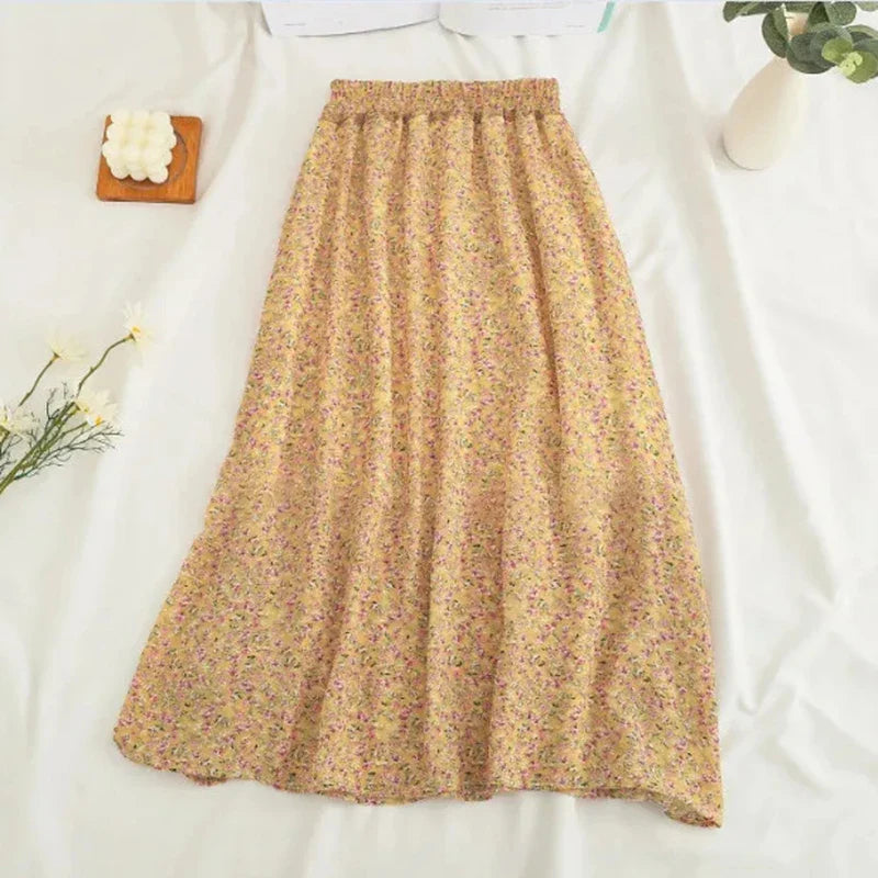 vmtvr Women Chiffon Midi Skirt Korean Fashion Floral Loose Skirts High Waist Female Casual All Match A Line Skirts Summer New