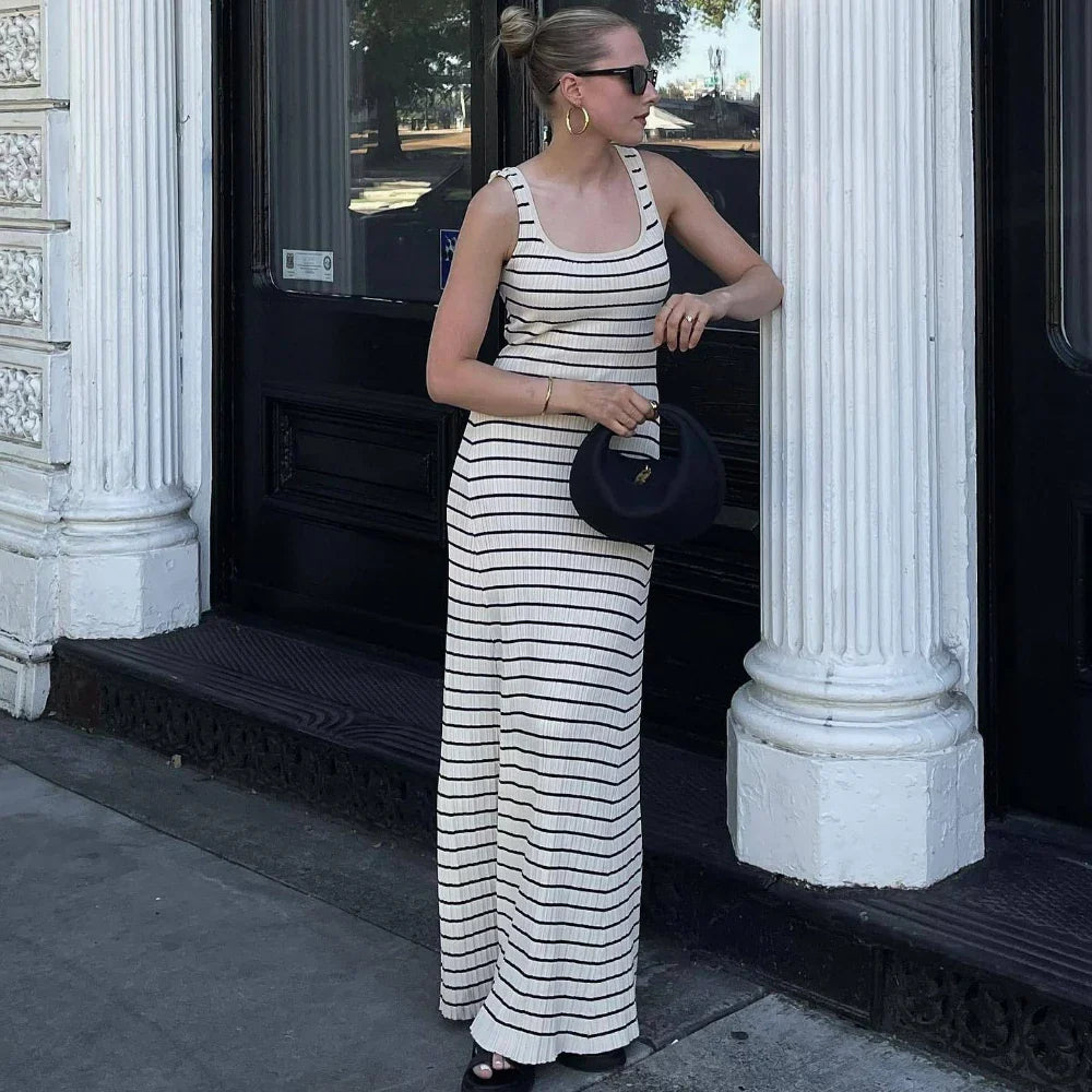 vmtvr Black White Striped Knitted Beach Dress Women Elegant Casual Sleeveless Loose Long Dresses Summer Holiday Vacation Outfits 2024