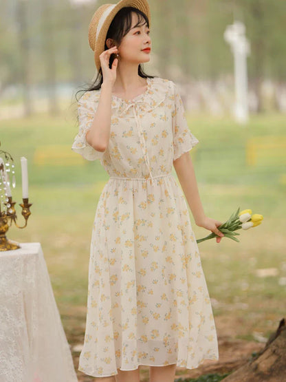 vmtvr Chiffon Women Long Dress Summer Fashion Floral Print Short Sleeve High Waist Beach Midi Dress Elegant Ruffles Ladies Dress