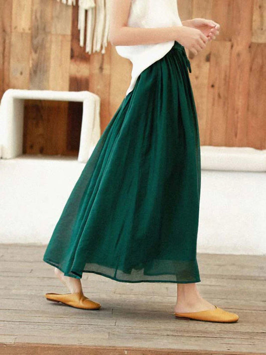 vmtvr  Women Tulle Long Skirt Elastic High Waist Mesh Summer Green Fashion Loose Pleated Skirts Lace Up Elegant Ladies Skirt