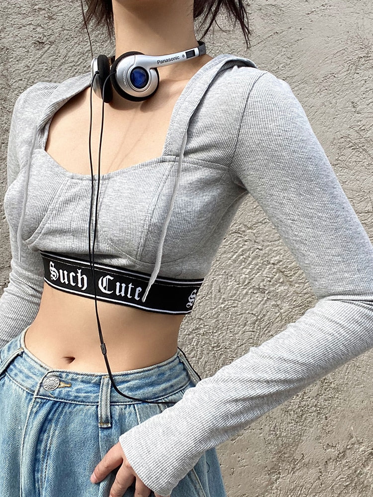 -Fall Outfits  Casual Knit Bodycon Crop Top Women T-Shirts Hooded Letter Ribbon Patchwork Spring Autumn Shirts Sportswear Korean New