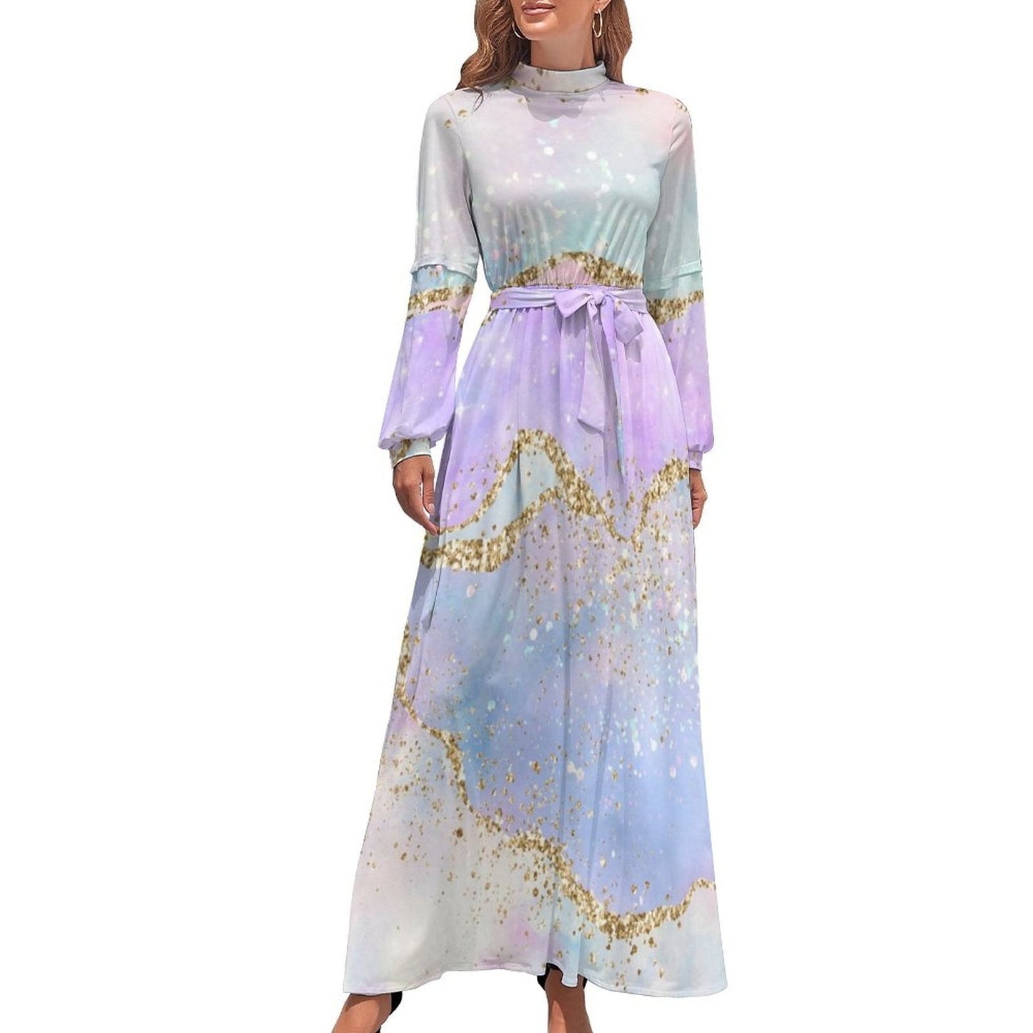 Marble Print Dress Watercolor Flow Abstract Aesthetic Bohemia Dresses Female Long Sleeve High Neck Sexy Long Maxi Dress