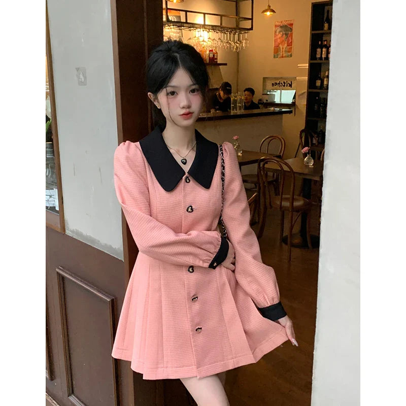 vmtvr  - Elegant Women Dress Long Sleeve Office Ladies Polo Collar Vintage New Korean Fashion Chic Sweet Casual Female Mini Dresses