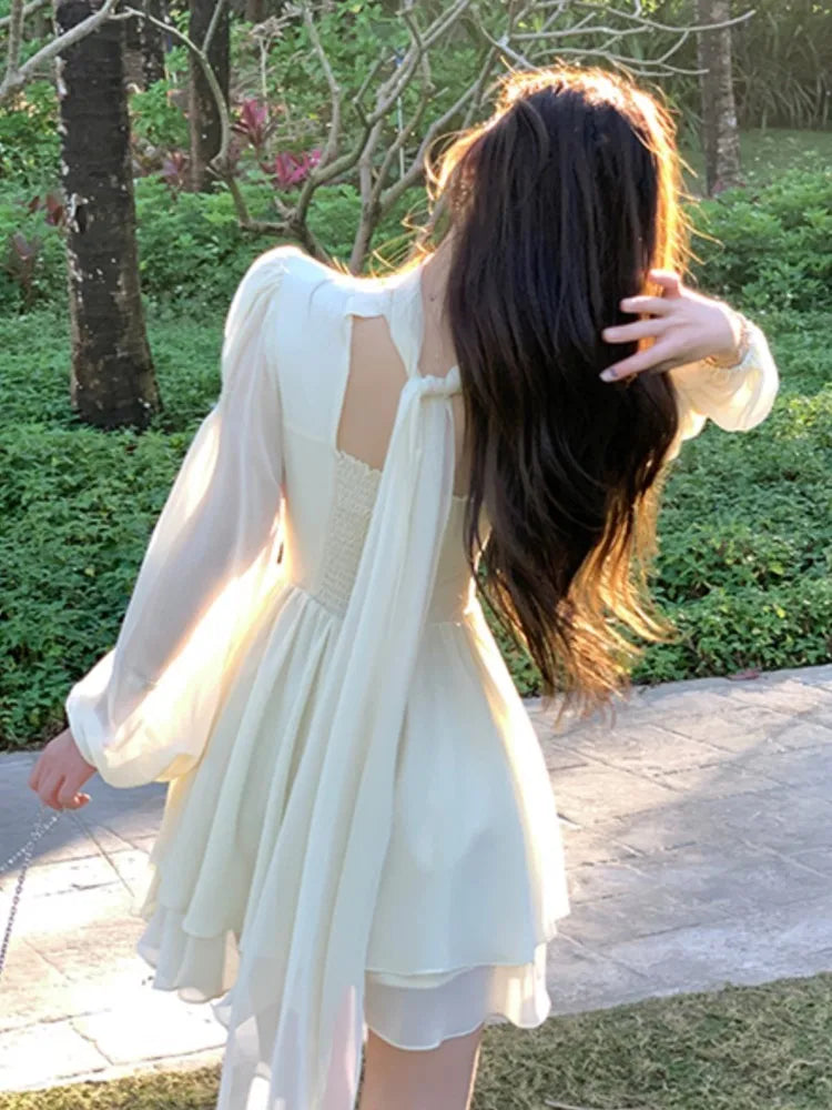 vmtvr French Elegant Slim Ruffle Dress Summer Women Graduation Evening Party Robe Female Bubble Sleeve Korean Chiffon Vestidos