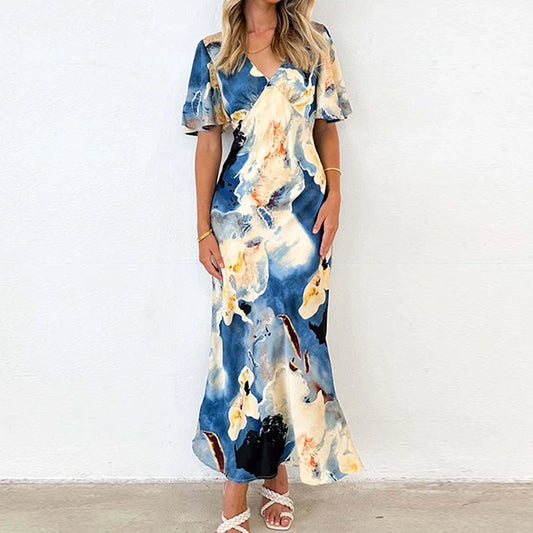 vmtvr Sexy V-neck Tie Dye Printed Long Dress 2024 Summer Short Sleeved Side Slit Beach Dress Elegant Women's Slim Party Dress Vestidos