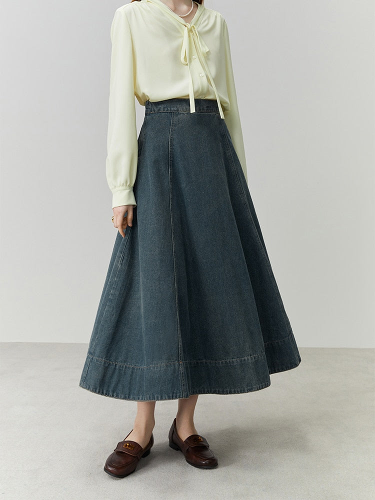 Dark Blue Women Retro Denim Sets Square Neck Puff Sleeve Female Blouses A-LINE Long Skirts Zipper Waist Women Denim Skirt