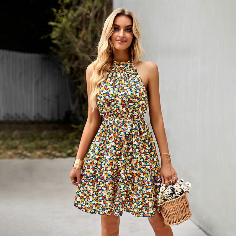 Summer Dress Floral Print Ruffle Hem Belted Halter Neck Dress Dress Women Sleeveless A-line Bohemian Mini Dress Beach Dress Robe