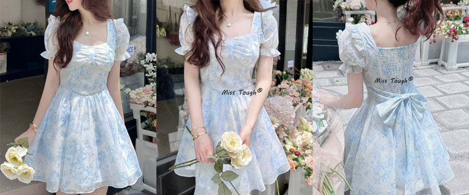 vmtvr - France Floral Sexy Dress Women Elegant Party Midi Dress Casual High Waist Puff Sleeve Korean Fashion Holiday Female Dress Summer